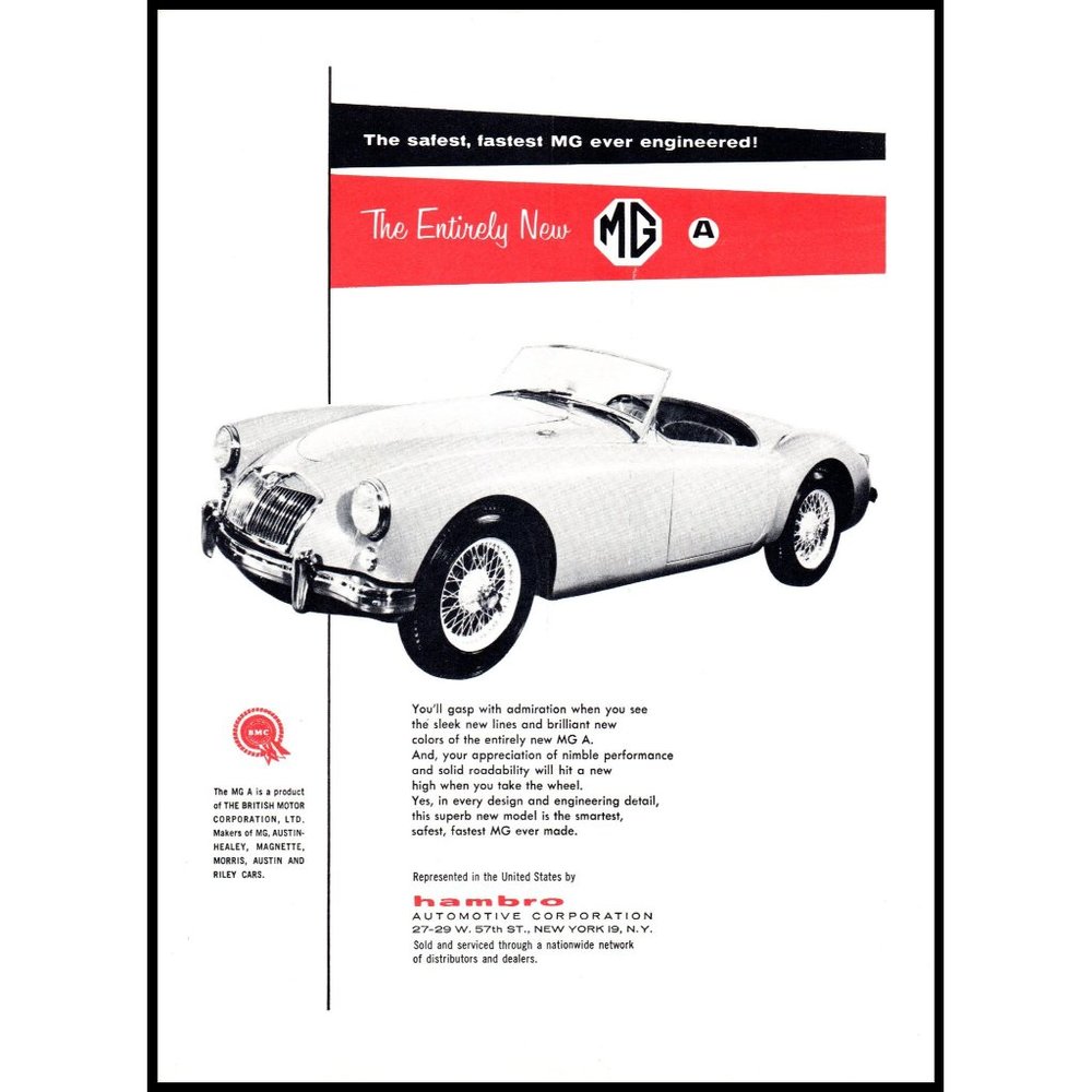 1956 MG-A Convertible 2 Seat Roadster Vintage Color Print Ad Man Cave Wall Art